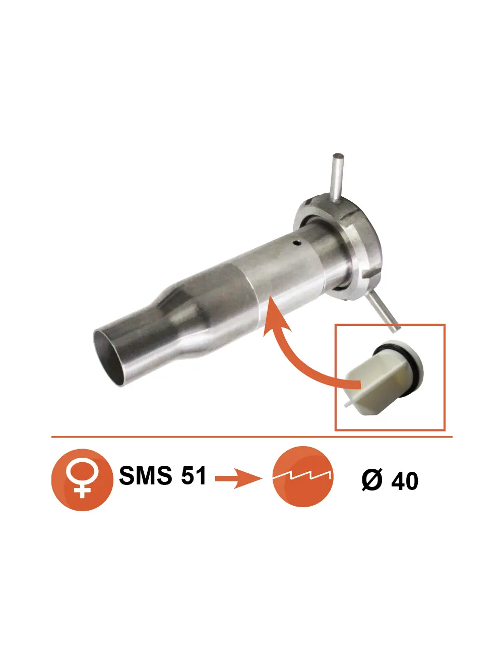 Apakšējā piena ieplūde SMS 51 x Ø40 mm, pieskrūvējama Apakšējā piena ieplūde SMS 51 x Ø40 mm, pieskrūvējama - Image 1