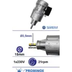 Piena dzesētāja maisītāja motoreduktors SIREM R1C225D1BC, 230 V, 21–25 apgr./min, Ø15 × 45 mm, Prominox