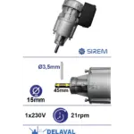 Piena dzesētāja maisītāja motoreduktors SIREM R1C225D2BC, 230 V, 21–25 apgr./min, Ø15 × 45 mm, DeLaval