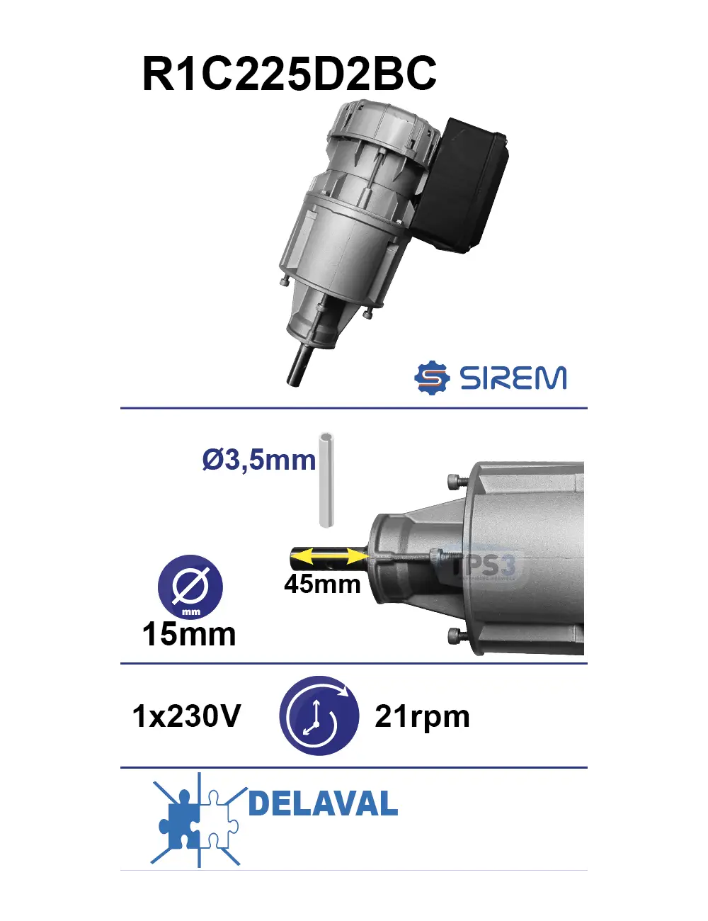 SIREM R1C225D2BC motoreduktors DeLaval un Alfa Laval piena dzesētājiem Piena dzesētāja maisītāja motoreduktors SIREM R1C225D2BC, 230 V, 21–25 apgr./min, Ø15 × 45 mm, DeLaval - Image 1