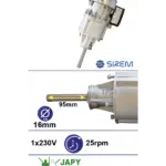 Piena dzesētāja maisītāja motoreduktors SIREM R1C225D2BC, 230 V, 25–30 apgr./min, Ø16 × 92 mm, Japy