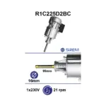 Piena dzesētāja maisītāja motoreduktors SIREM R1C225D2BC, 230 V, 21–25 apgr./min, Ø16 × 92 mm, Japy