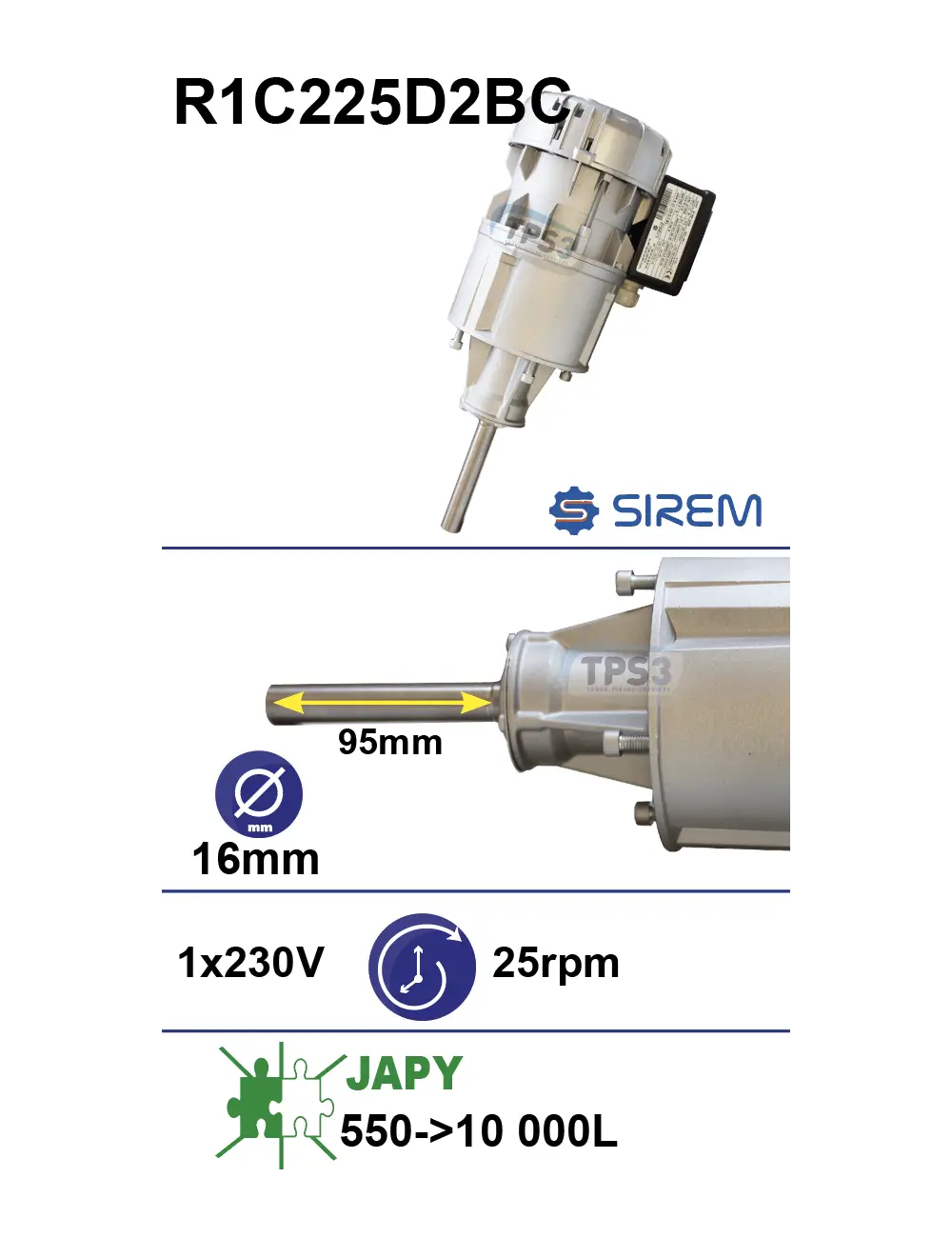 SIREM R1C225D2BC motoreduktors Japy piena dzesētājiem Piena dzesētāja maisītāja motoreduktors SIREM R1C225D2BC, 230 V, 25–30 apgr./min, Ø16 × 92 mm, Japy - Image 1