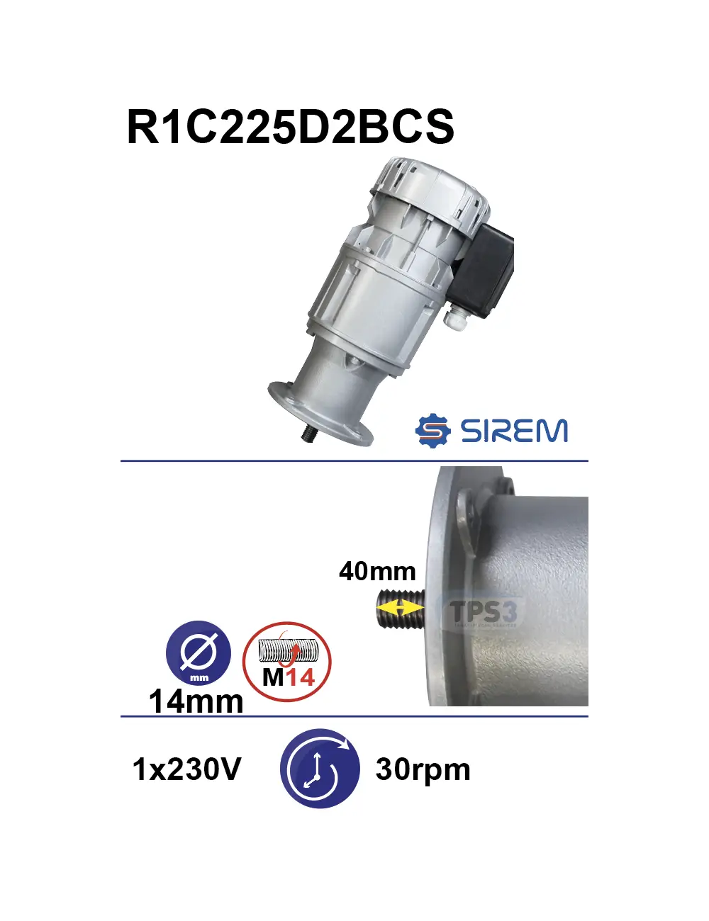 SIREM R1C225D2BCS motoreduktors Fontsere piena dzesētājiem Piena dzesētāja maisītāja motoreduktors SIREM R1C225D2BCS, 230 V, 30–36 apgr./min, M14 × 40 mm, Fontsere - Image 1