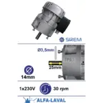 Piena dzesētāja maisītāja motoreduktors SIREM R1C225F2BC, 230 V, 30–36 apgr./min, Alfa Laval/Prominox