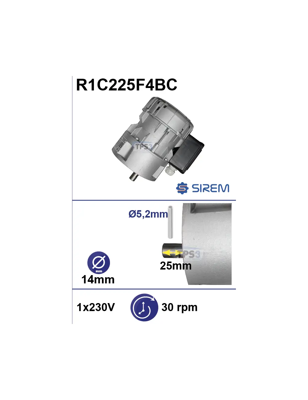 SIREM R1C225F4BC motoreduktors Packo piena dzesētājiem Piena dzesētāja maisītāja motoreduktors SIREM R1C225F4BC, 230 V, 30 apgr./min, Ø5,2 mm tapas urbums, Packo - Image 1