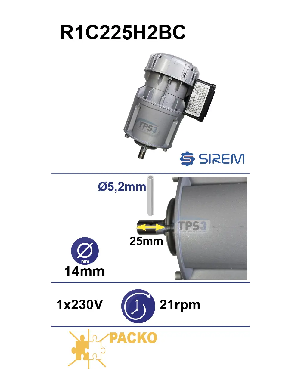 SIREM R1C225H2BC motoreduktors Packo piena dzesētājiem tt bcc Piena dzesētāja maisītāja motoreduktors SIREM R1C225H2BC, 230 V, 21–25 apgr./min, Ø14 × 25 mm, Packo - Image 1