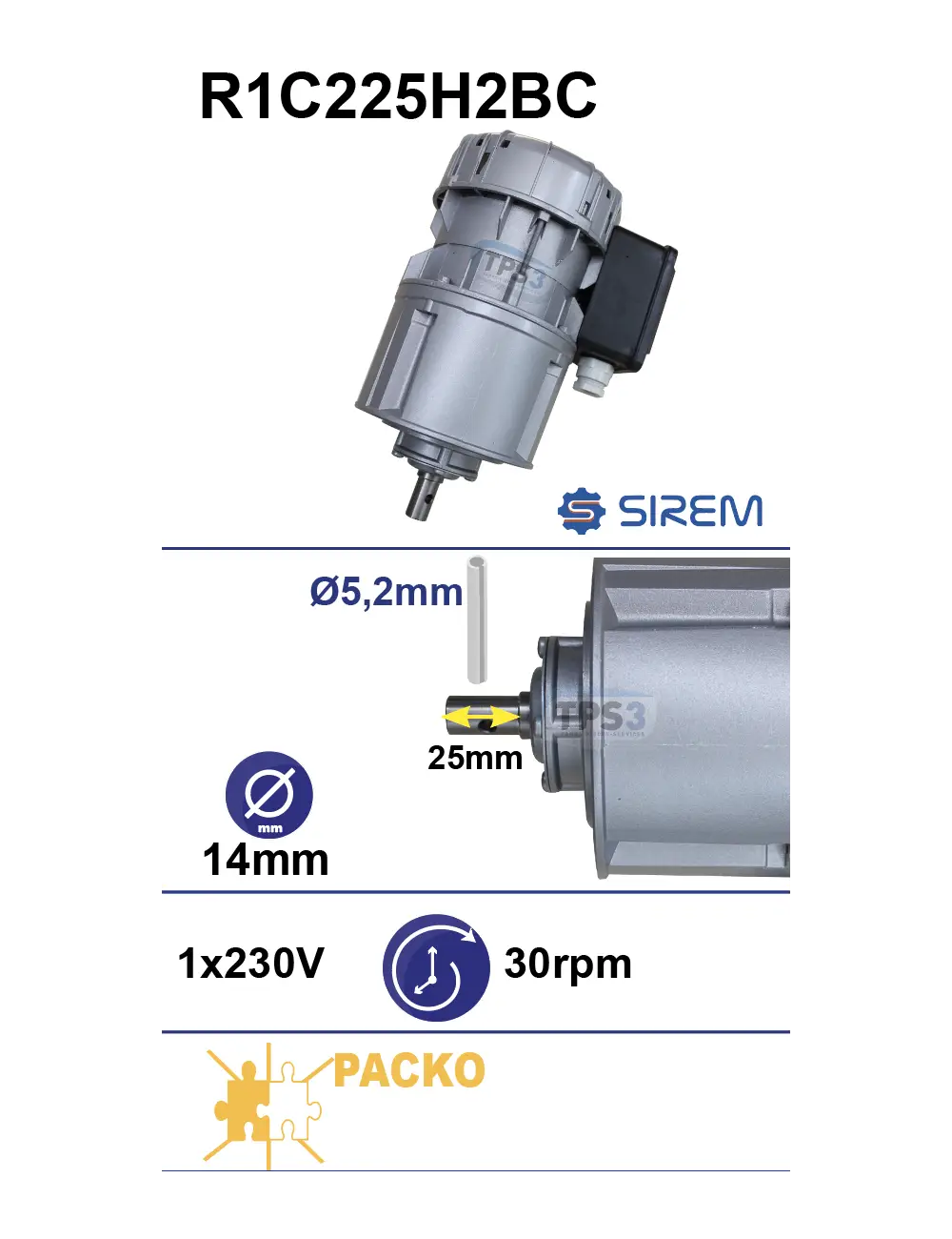 SIREM R1C225H2BC motoreduktors Packo piena dzesētājiem Piena dzesētāja maisītāja motoreduktors SIREM R1C225H2BC, 230 V, 30–36 apgr./min, Ø14 × 25 mm, Packo - Image 1