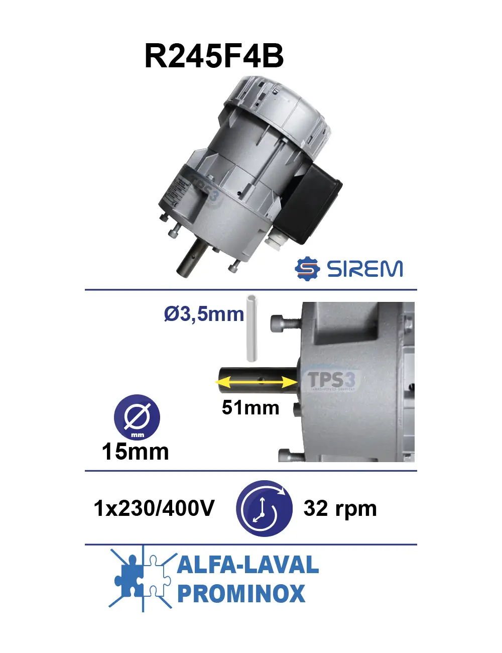 SIREM R245F4B motoreduktors Alfa Laval un Prominox piena dzesētājiem Piena dzesētāja maisītāja motoreduktors SIREM R245F4B, 230 V, 32 apgr./min, Alfa Laval/Prominox - Image 1