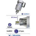 Piena dzesētāja maisītāja motoreduktors SIREM R3225D2B, 400 V, 21 apgr./min, Ø14 × 25 mm, DeLaval